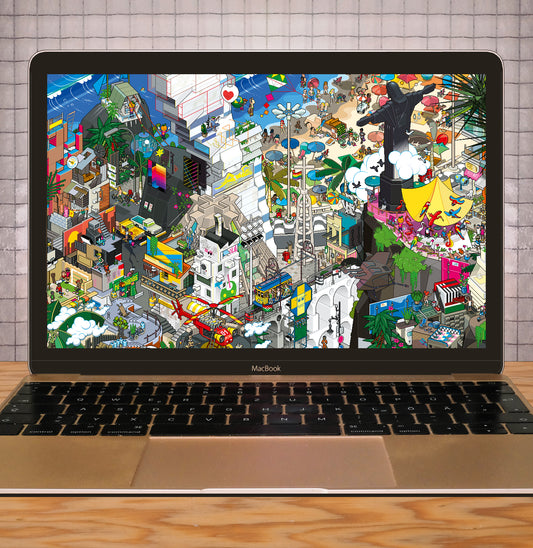 Mockup of digital wallpaper of Rio de Janeiro by eBoy