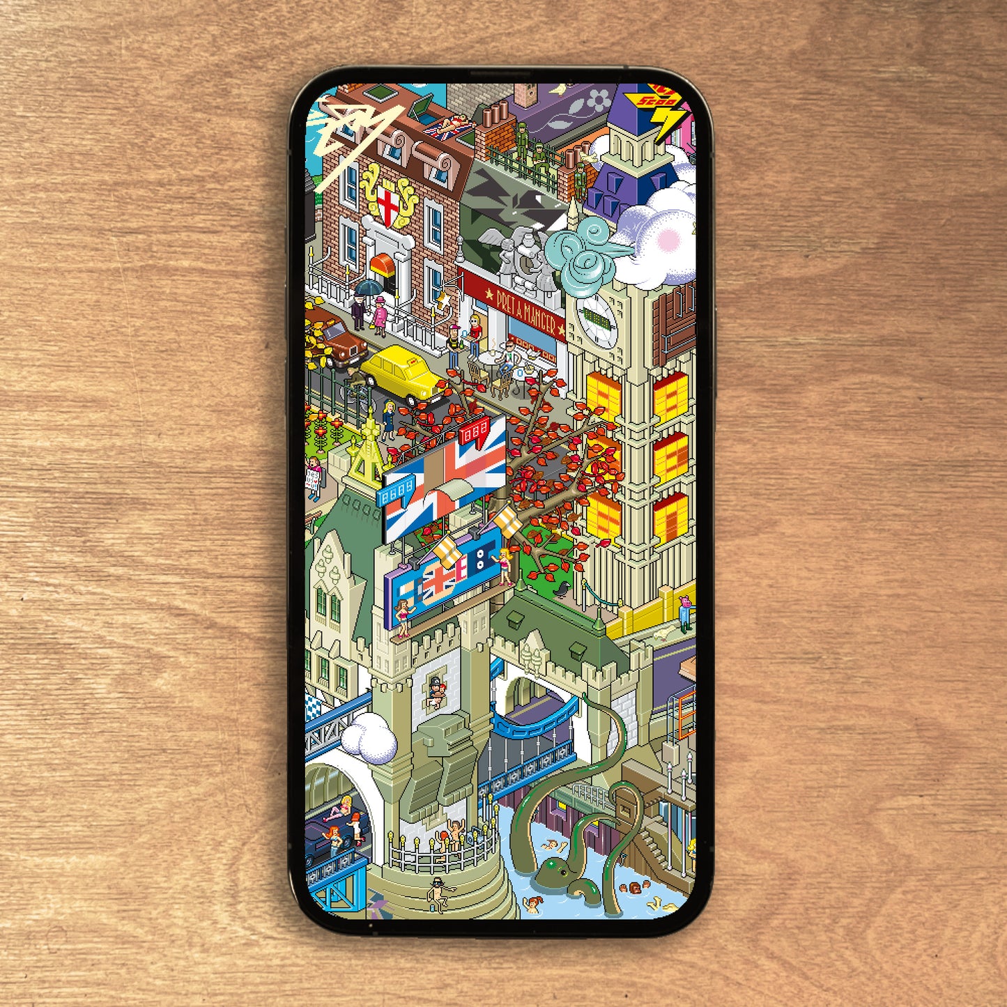 Mockup of digital wallpaper of London by eBoy
